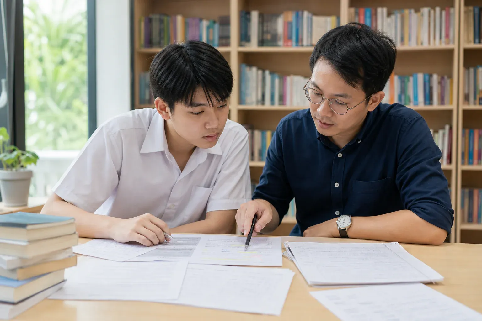 Malaysian students studying printed SPM English guides and notes