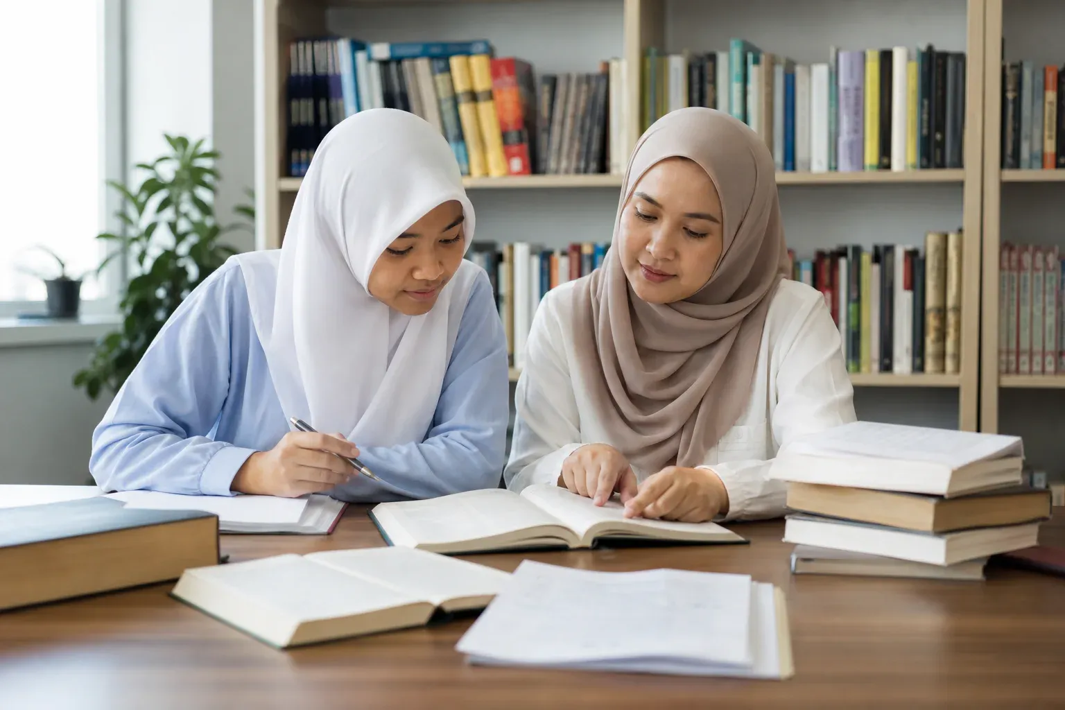 Pelajar Malaysia membaca panduan dan nota bercetak Bahasa Inggeris SPM