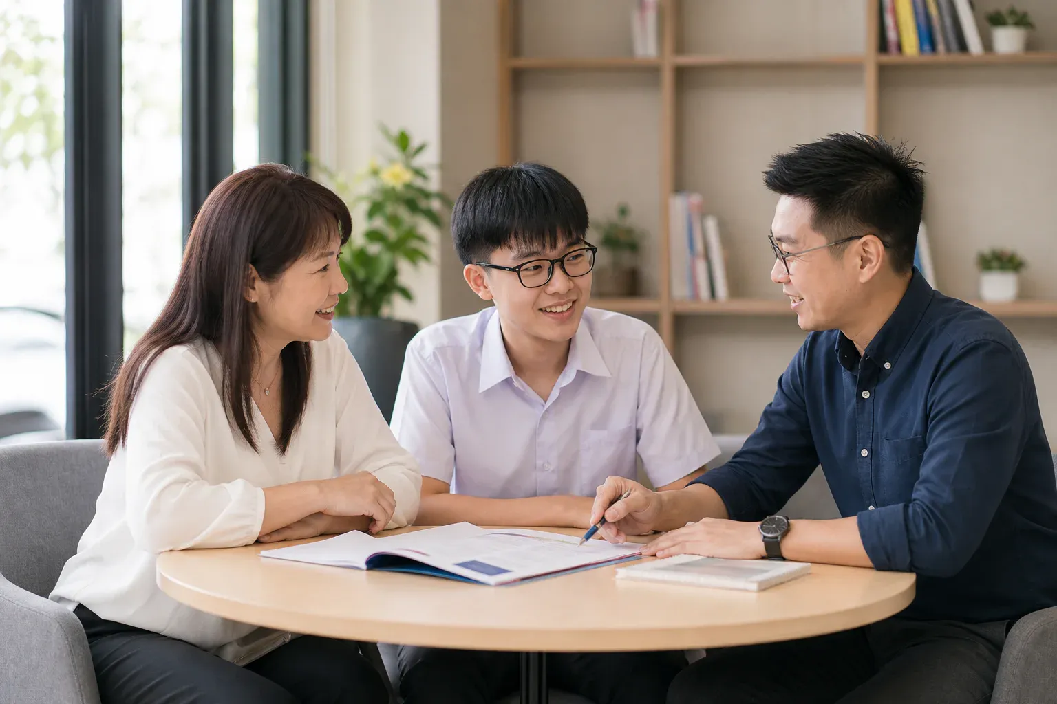 A Malaysian family discussing an SPM English study plan with a tutor