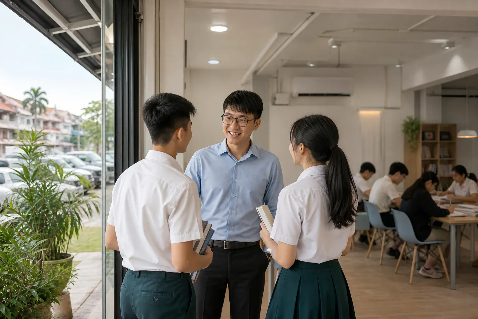 Students arriving at a welcoming Malaysian neighbourhood tuition centre