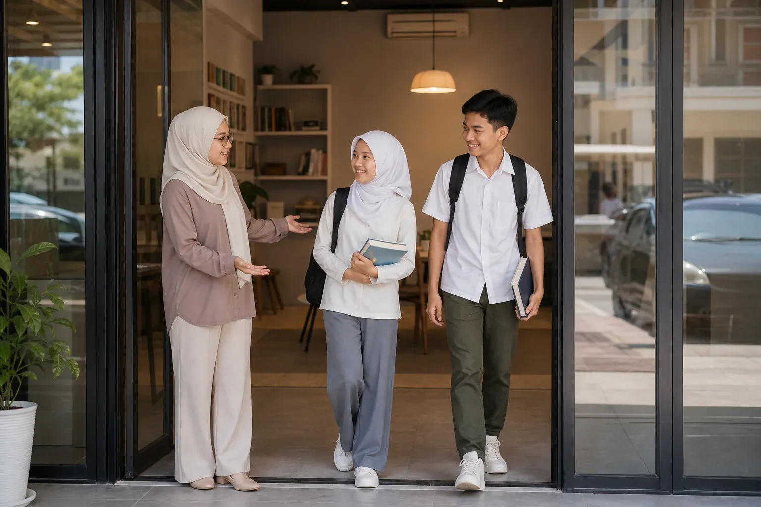 Pelajar tiba di pusat tuisyen kejiranan Malaysia yang mesra