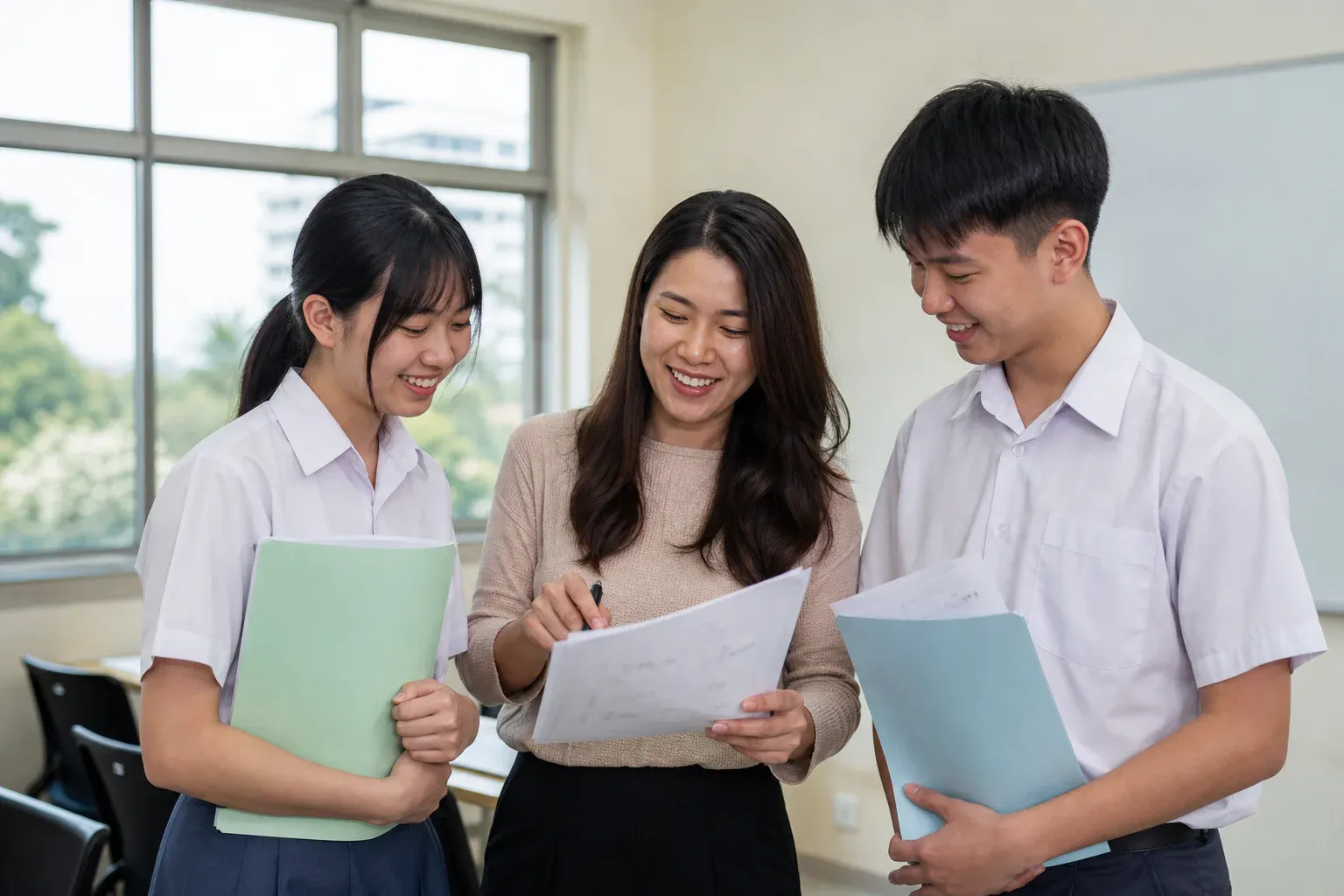Malaysian students reviewing their SPM English progress with a tutor