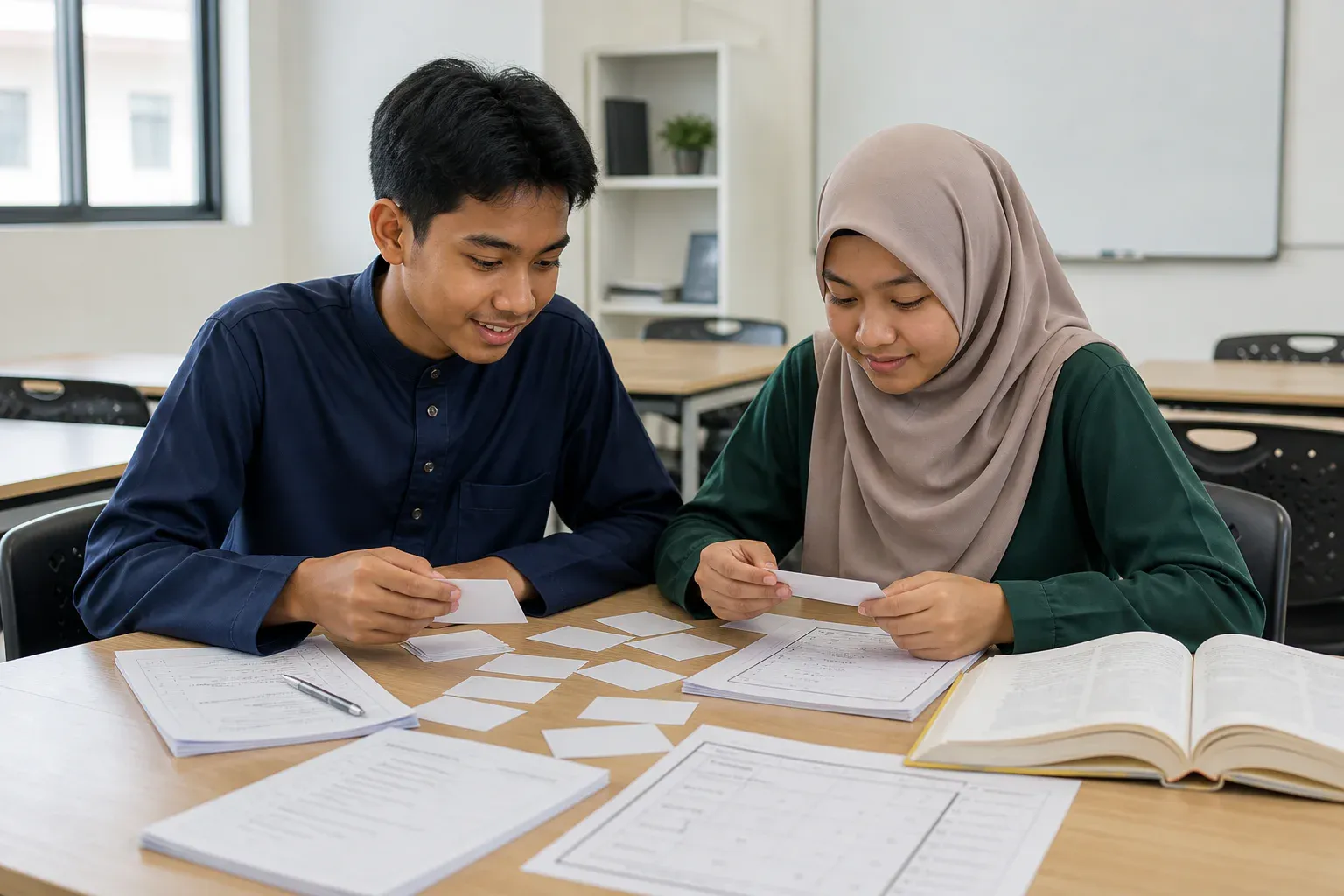 Pelajar Malaysia menggunakan alat pembelajaran Bahasa Inggeris SPM bercetak