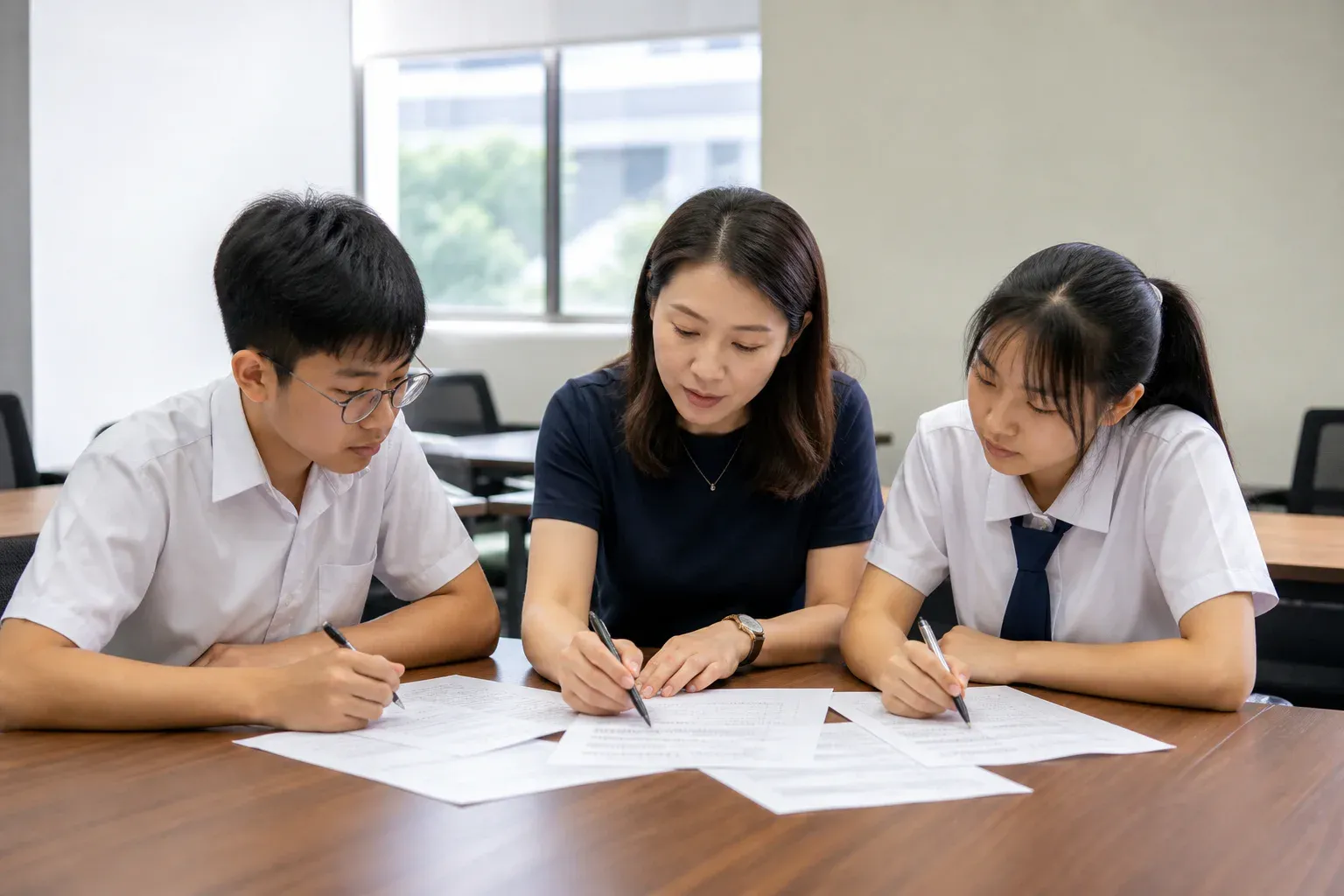 Malaysian students practising SPM English writing and grammar with a tutor