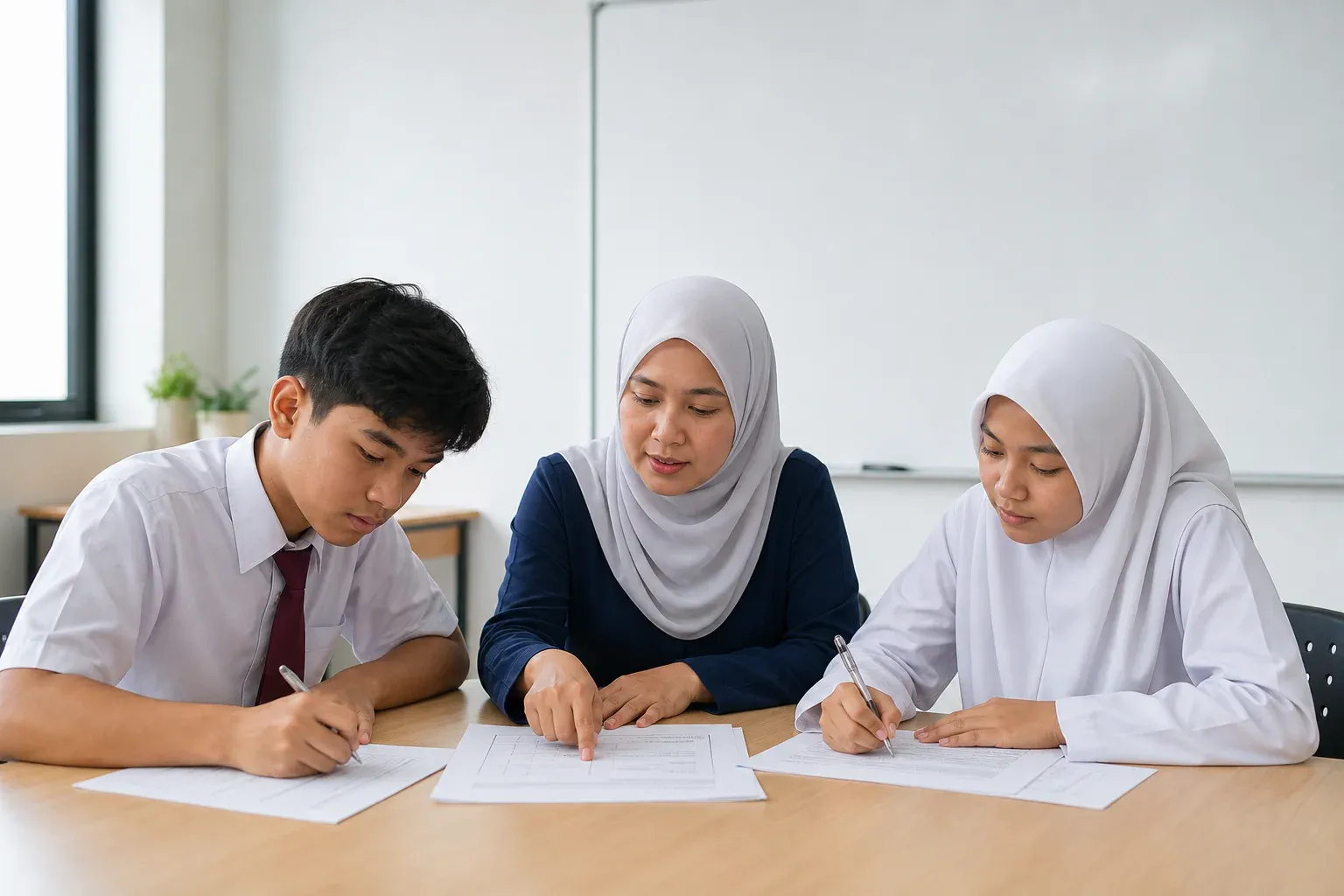 Pelajar Malaysia berlatih penulisan dan tatabahasa Bahasa Inggeris SPM bersama tutor